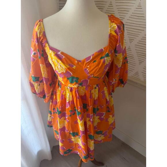 Altar’d State Women’s Medium Orange Floral Smocked Mini Dress - Picture 2 of 6
